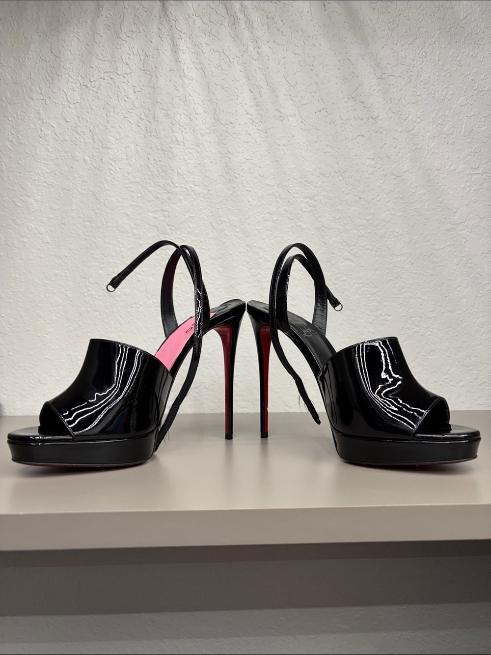 Louboutin Black Patent Peep-Toe Stiletto Slingback Heels - Brand: